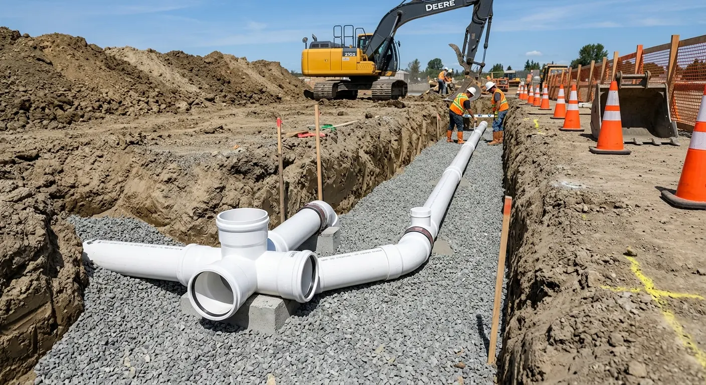 New PVC sewer pipe installation in open trench for Sewer Backup in Mason City