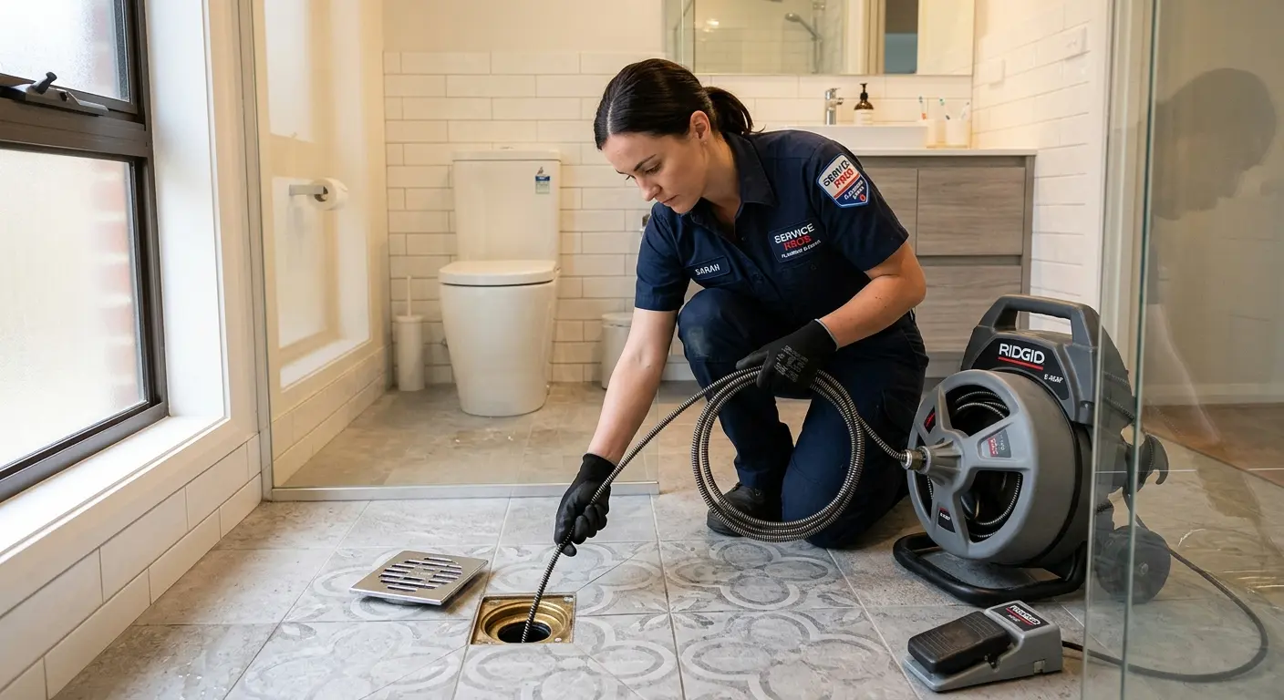 Technician clearing a bathroom floor drain for Clogged Drain Repair in Mason City